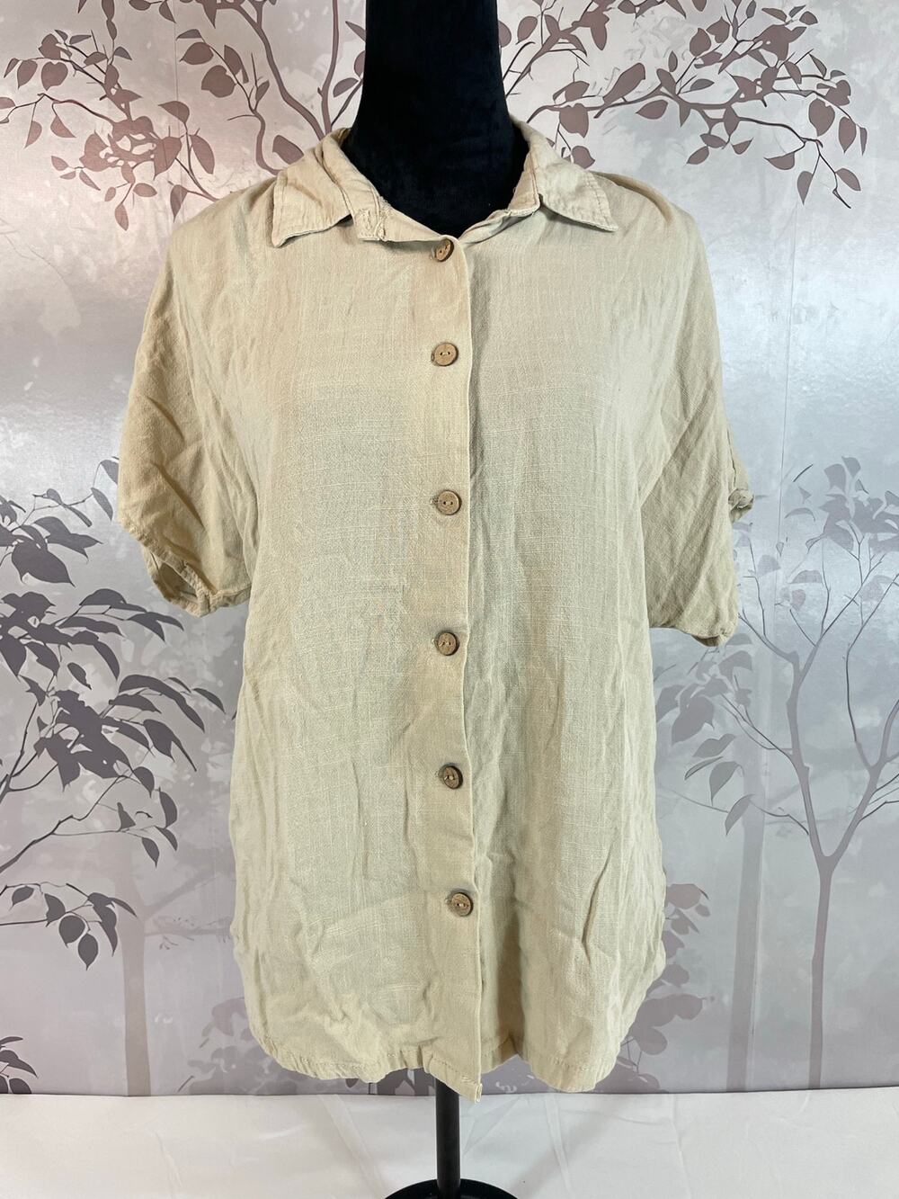 Hunter & Brown Linen Look Rayon Button Down Shirt Top Beige Tan L Coastal Boho